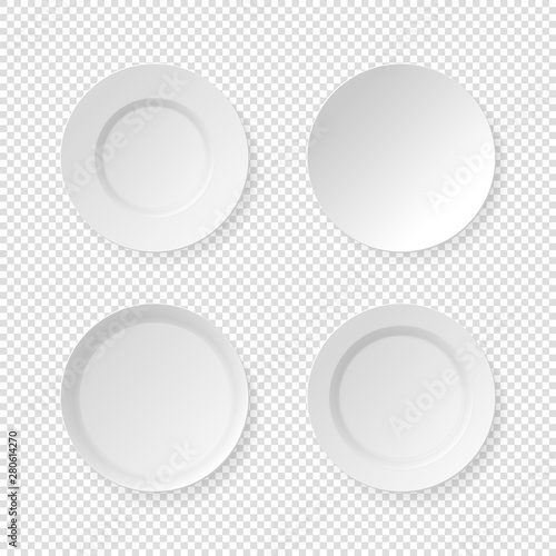 White dish plate set. Realistic vector white empty food porcelain plate on transparent background.