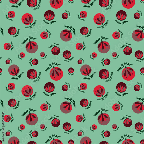 A seamless vector pattern with red christmas baubles on green background. Surface print design.