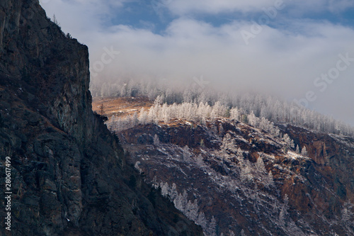 Russia. mountain Altai. Covered with frost the mountains around the valley of the river Chulyshman.