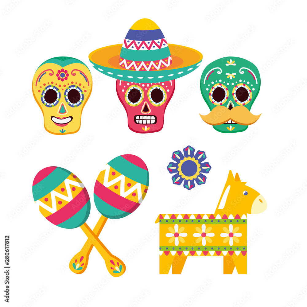 sugar skulls maraca pinata hat celebration viva mexico Stock Vector | Adobe  Stock