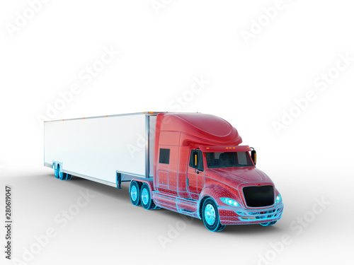 White Background Red Truck Isolated - Wireframe Transition - 3D Rendering