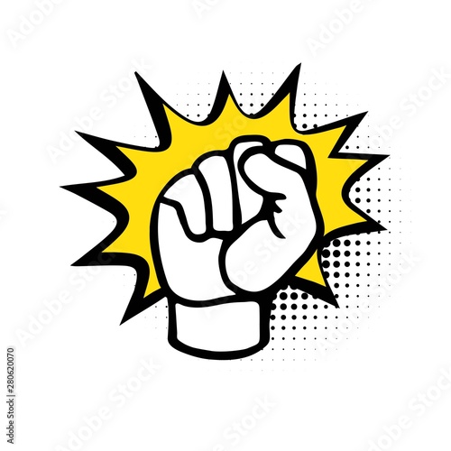 Fist punching, crushing blow or strong punch drawn in pop art retro comic style. Cartoon vector illustration