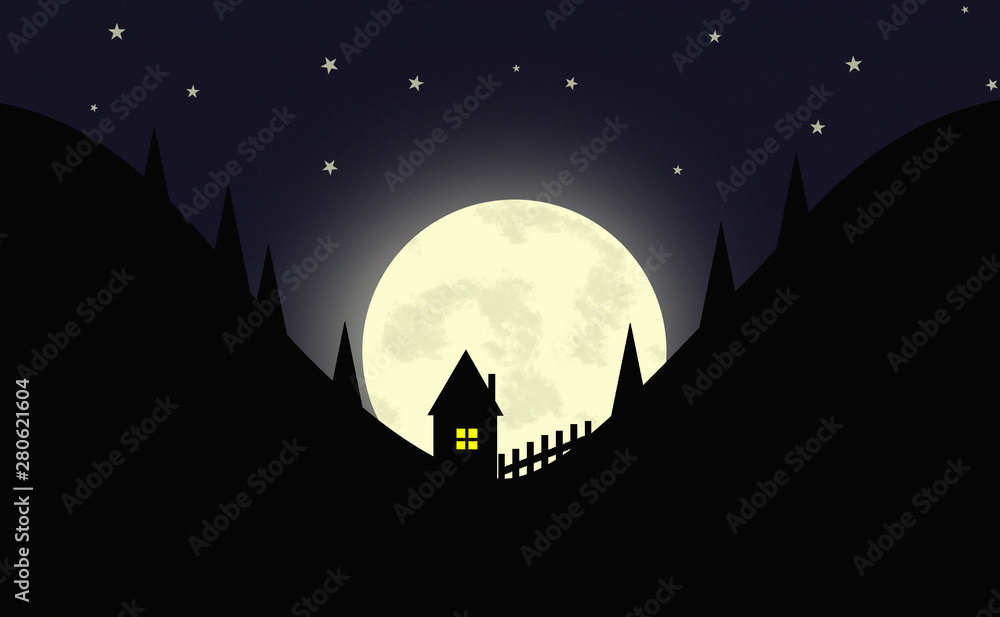 Cartoon night scenery. Silhouette of a house with a fence and a lit window in a valley between two hills with coniferous trees with a shining moon and stars in the background.
