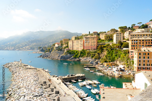 The touristic harbor of the little town of Camogli in Liguria in Italy. This nice place faces the "paradise bay", a fantastic touristic destination