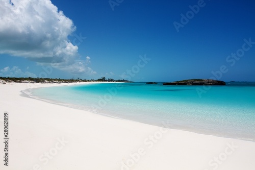 Beautiful white sand beach and clear turquoise sea water in Great Exuma island, Bahamas 