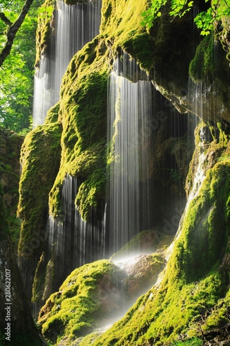 Schleierf‰lle, waterfalls at Ammer covered in moss, sunlight, Ammergau Alps, Bavaria, Germany, Europe photo