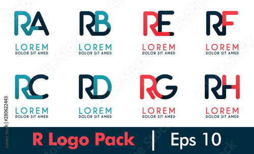R logo pack, RA Logo set. Modern flat design concept for Landing page website, mobile apps ui ux, banner poster, flyer brochure, web print document. Vector EPS 10