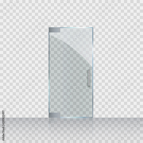 Glass door isolated on transparent background. Mockup entrance for store, shop or fashion boutique. Vector clear acrilic frame.