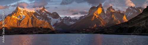 Sunrise over Cuernos del Paine, Lago Pehoe, Torres del Paine National Park, Chilean Patagonia, Chile, South America photo