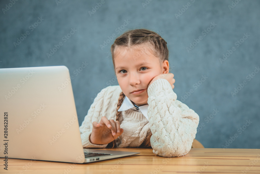 Fototapeta premium Cute schoolgirl with blond hair and braids is looking seriously near grey laptop.