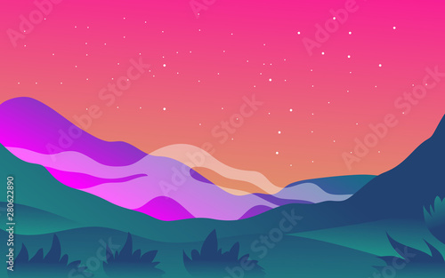 landscape flat illustrations with dark purple and green gradient colors for backgrounds, websites, banners and cards