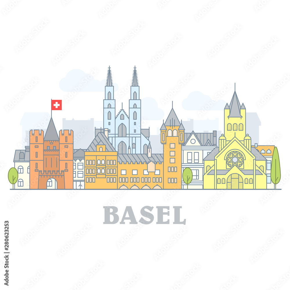 Basel, Switzerland - old town, city panorama with landmarks of Basel