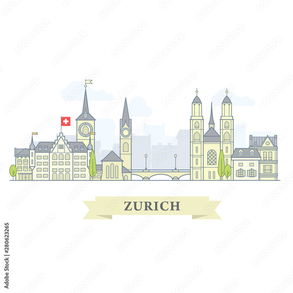 Zurich, Switzerland - old town, city panorama with landmarks of Zurich