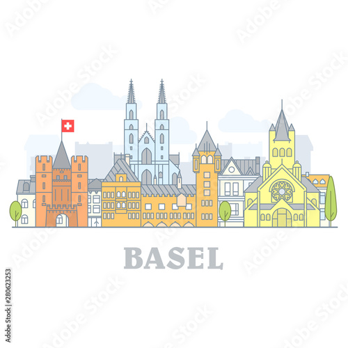 Basel, Switzerland - old town, city panorama with landmarks of Basel