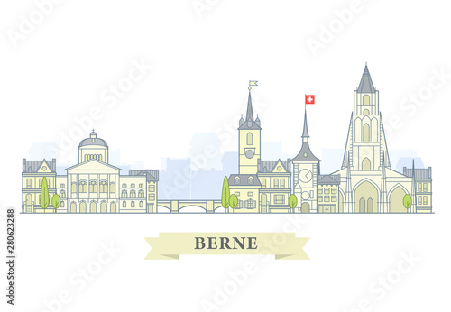 Berne, Switzerland - old town, city panorama with landmarks of Berne