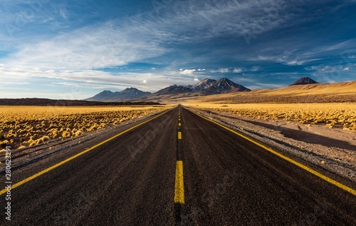 Road through the Atacama Desert, lined with yellow Peruvian feathergrass (Jarava ichu), behind volcanoes on the horizon, Ruta 23 road, San Pedro de Atacama, El Loa province, Antofagasta region, Norte Grande de Chile, Chile, South America photo