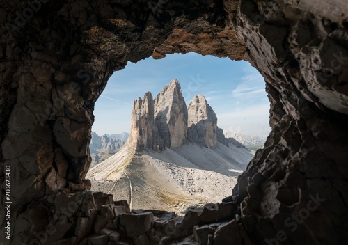 View from war tunnel, via ferrata to the Paternkofel, north walls of the Three Peaks, Sesto Dolomites, South Tyrol, Italy, Europe