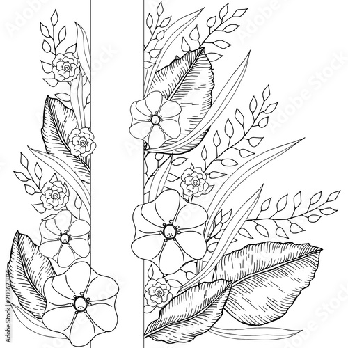 Hand drawn floral bouquet decor with flowers and leaves monochrome vector illustration