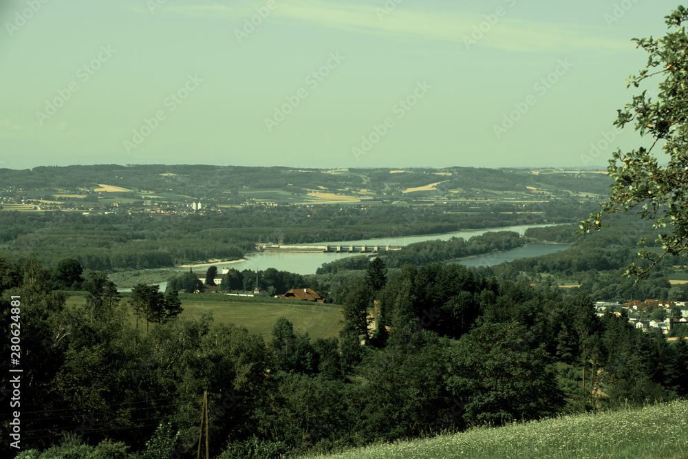 View from Amberg to the Danube power plant Ottensheim in Upper Austria