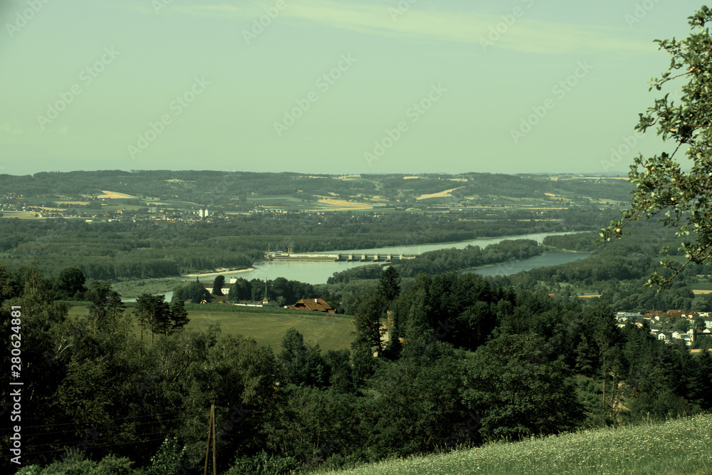 View from Amberg to the Danube power plant Ottensheim in Upper Austria View from Amberg to the Danube power plant Ottensheim in Upper Austria