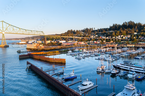 Yachts, ships and fishing boats berthed at West Mooring Basin Marina next to the iconic Astoria Megler Bridge, commercial buildings, and homes on the coast hillside. photo