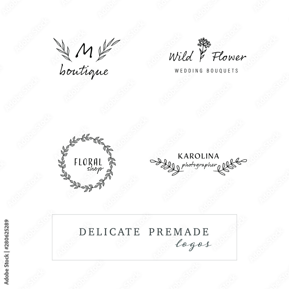 Set of Hand Drawn Botanical Floral Logo. Wildflower wreath and branch. Set of Hand Drawn Botanical Floral Logo. Wildflower wreath and branch.