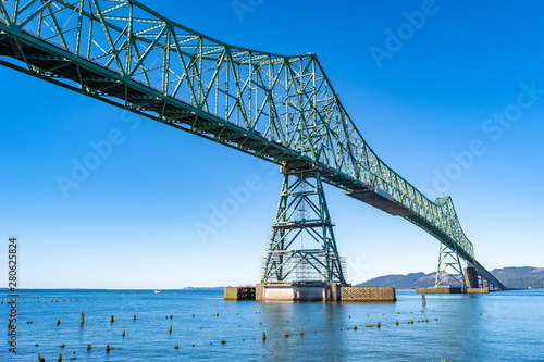 A section of the Astoria-Megler Bridge, a steel cantilever through truss bridge in the United States between Astoria, Oregon, and Point Ellice near Megler, Washington, over the Columbia River. photo