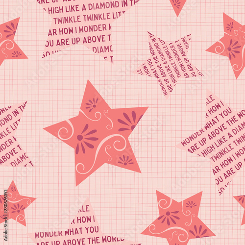 Twinkle little star seamless pattern. Large stars on a light pink textured background. Adorable design with the rhyme's words in the star shapes. For textiles, nursery decor, pajamas or wallpaper. 