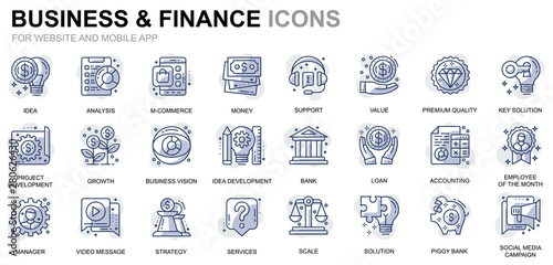 Simple Set Business and Finance Line Icons for Website and Mobile Apps. Contains such Icons as Analysis, Money, Accounting, Strategy, Bank. Conceptual color line icon. Vector pictogram pack.