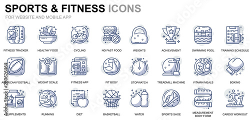 Simple Set Sport and Fitness Line Icons for Website and Mobile Apps. Contains such Icons as Fit Body, Swimming, Fitness App, Supplements. Conceptual color line icon. Vector pictogram pack.