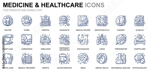 Simple Set Healthcare and Medicine Line Icons for Website and Mobile Apps. Contains such Icons as Doctor, Hospital, Medical Equipment. Conceptual color line icon. Vector pictogram pack.