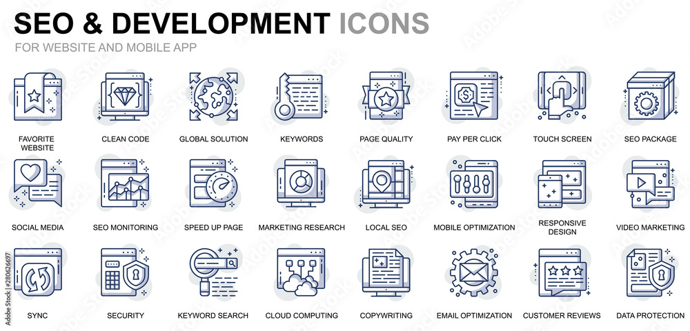 Simple Set Seo and Development Line Icons for Website and Mobile Apps. Contains such Icons as Clean Code, Data Protection, Monitoring. Conceptual color line icon. Vector pictogram pack.