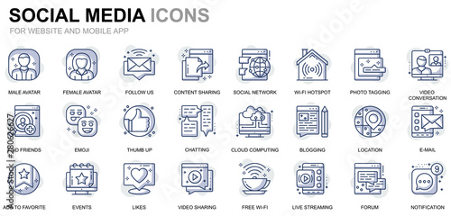 Simple Set Social Media and Network Line Icons for Website and Mobile Apps. Contains such Icons as Avatar, Emoji, Chating, Likes. Conceptual color line icon. Vector pictogram pack.