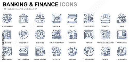 Simple Set Banking and Finance Line Icons for Website and Mobile Apps. Contains such Icons as Balance, E-Banking, Auction, Financial Growth. Conceptual color line icon. Vector pictogram pack.