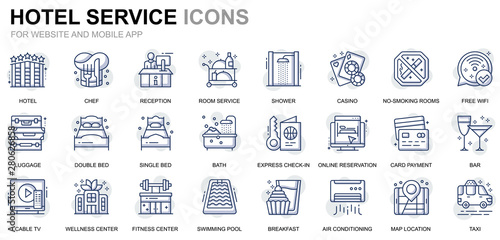 Simple Set Hotel Services Line Icons for Website and Mobile Apps. Contains such Icons as Luggage, Reception, Room Services, Fitness Center. Conceptual color line icon. Vector pictogram pack.