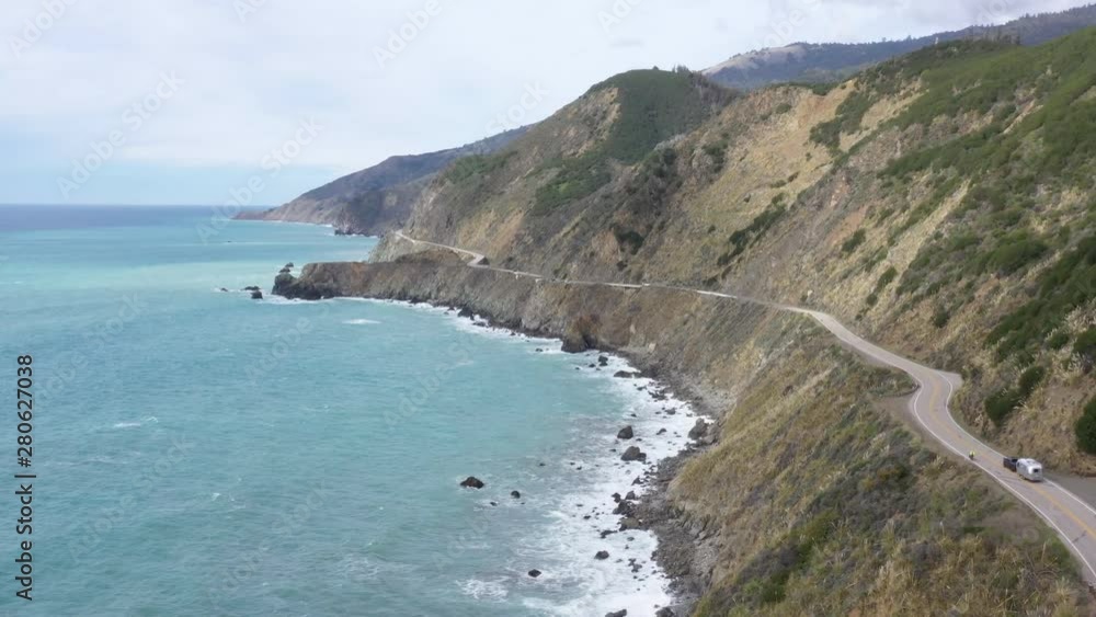 Aerial of Recreation Travel Trailer on highway 1 in Big Sur California Aerial of Recreation Travel Trailer on highway 1 in Big Sur California