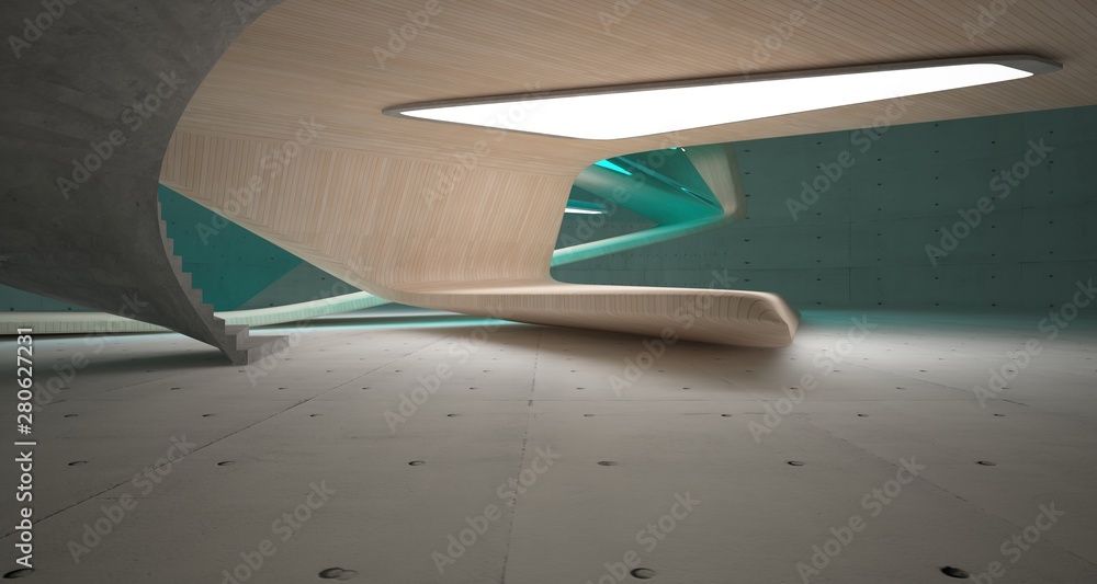 Abstract architectural wood and glass interior of a minimalist house with neon lighting. 3D illustration and rendering. Abstract architectural wood and glass interior of a minimalist house with neon lighting. 3D illustration and rendering.