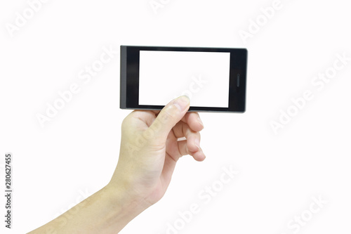 Female hand holding modern smart phone with white screen on white background.