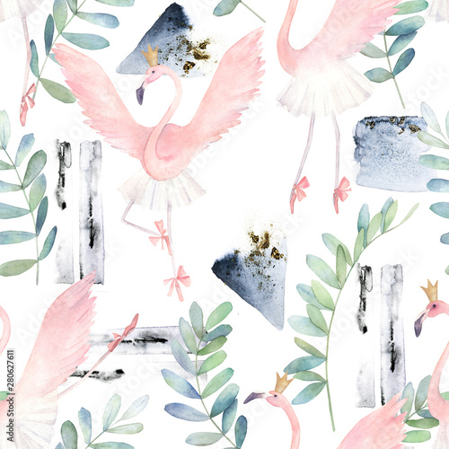 Flamingo dancing ballet. Hand drawn illustration. Watercolor abstract seamles...