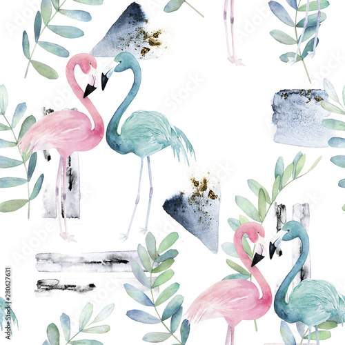 Abstract seamless pattern with watercolor pink and blue flamingos. Hand drawn...