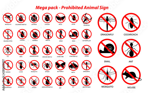 set of various insect and animals prohibited in silhouette, with insect name.   easy to modify photo