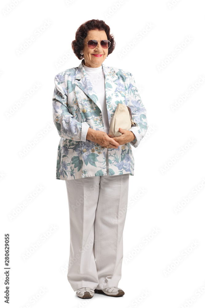 Elderly lady with sunglasses and a purse smiling Elderly lady with sunglasses and a purse smiling