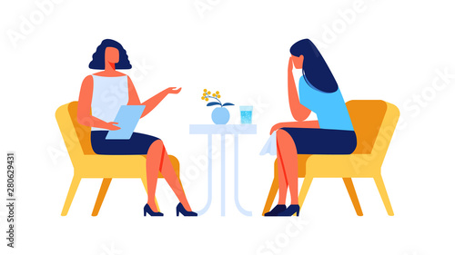 Crying Woman and Psychologist on White Background.