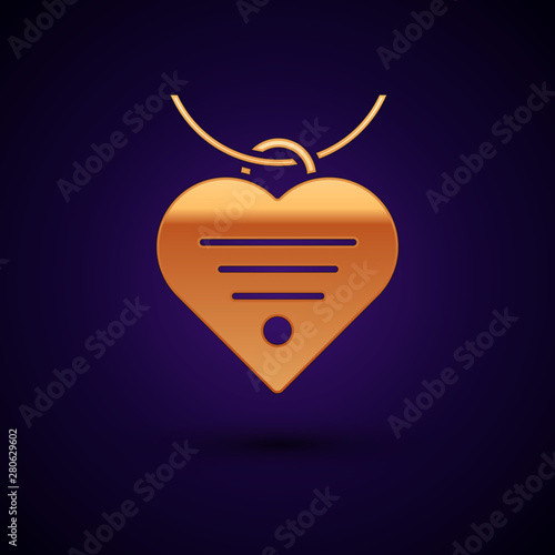 Gold Collar with name tag and heart icon isolated on dark blue background. Simple supplies for domestic animal. Cat and dog care. Pet chains. Vector Illustration