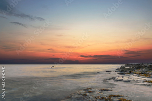 Mediterranean sea with seagulls and sunset