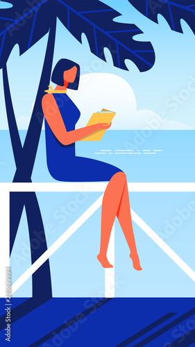 Woman Sits on Parapet. Seashore with Book in Hand.