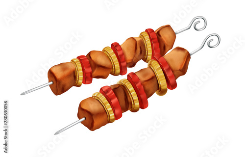 Turkish shish kebab, grilled meat with tomato and onions. Vector.