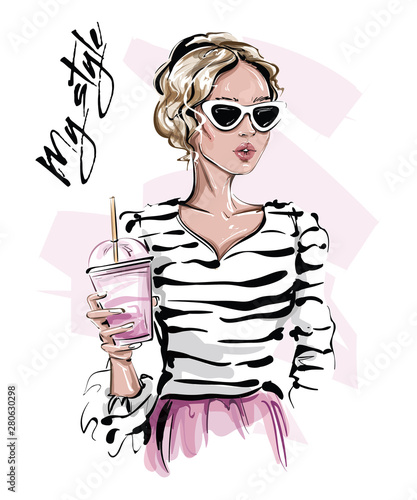 Hand drawn beautiful young woman in sunglasses. Stylish blonde hair girl with drink in her hand. Fashion woman look. Sketch. Vector illustration.