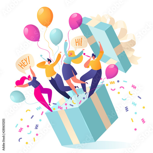 Joyful, flat characters people jump out of the gift box. Friends made a surprise. Your best gift is your friends. Confetti and balloons fly out of the box. People blow their whistles. Birthday concept