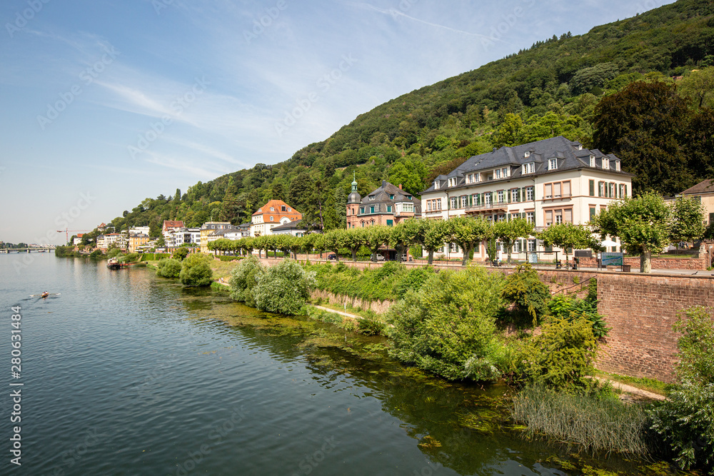 Fototapeta premium Panorama View of Neckar Riverside with Old Buildings